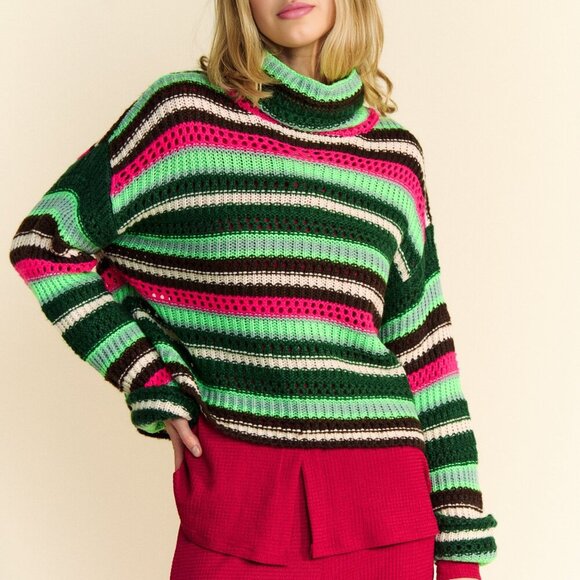 DAVI & DANI RETRO Colourful Striped Knit Turtleneck Sweater - Picture 7 of 10